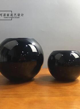 黑白色玻璃圆球形方缸水培花瓶花盆器皿 家居婚庆插花本色可放