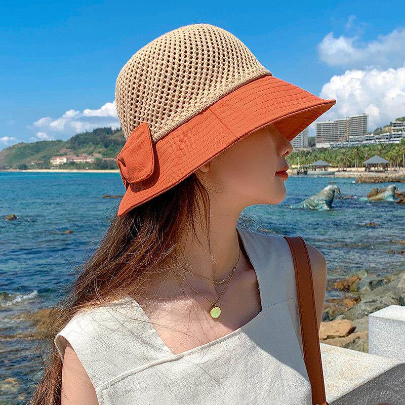 帽子女夏天蝴蝶结镂空渔夫帽出游度假沙滩帽骑车可折叠防晒遮阳帽