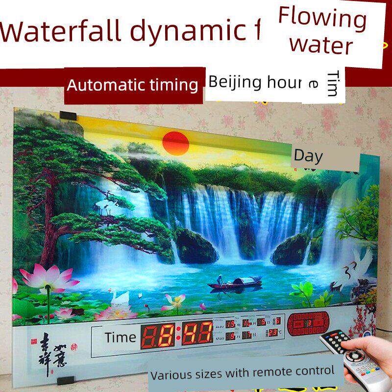 动态流水万年历新款电子钟数码大风景山水画客厅壁挂家用挂钟新款