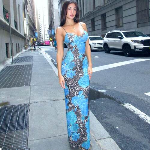 Womens Leopard Floral Print Cami Dress Fashion Casual