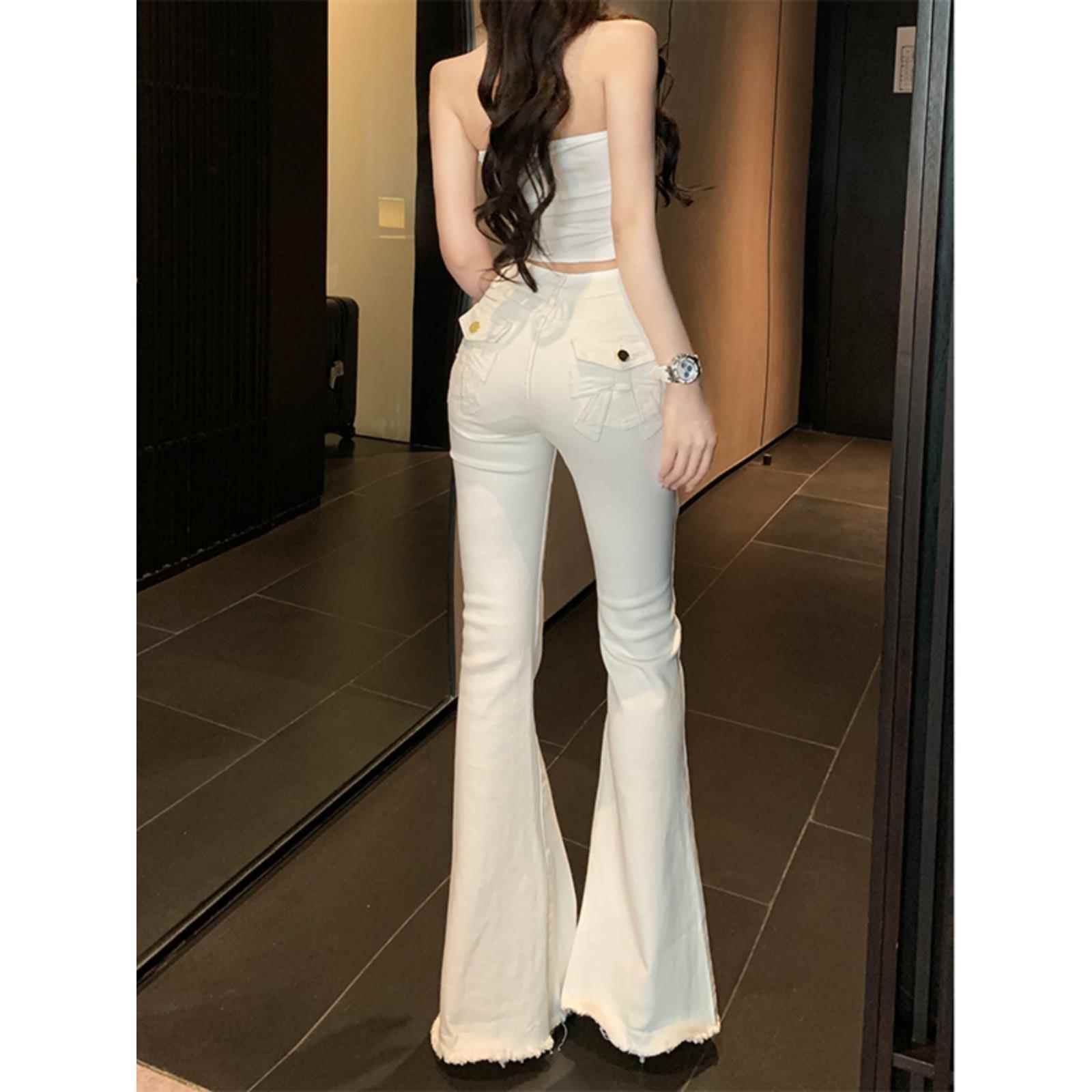 李丽服装白色蝴蝶结女孩微闪光牛仔裤2025夏季高腰修身提臀生边裤