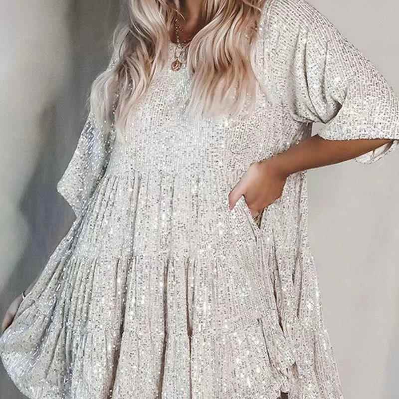Sleeve Party Loose Fashion Sequin Neck Dress Round Summer