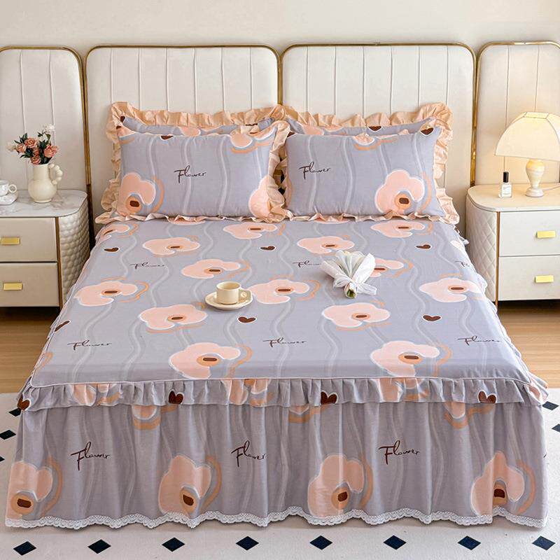 纯棉床裙式床罩全棉荷叶边保护防尘防滑式床单床套1.8m床1.5枕套