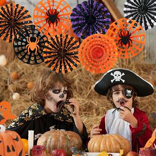 Paper Spider Halloween Black Orange Decorations 4pcs Fans