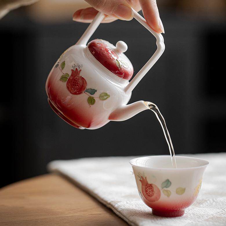 弥言手绘石榴茶壶创意渐变手工陶瓷泡茶壶单壶带过滤单壶小号茶壶