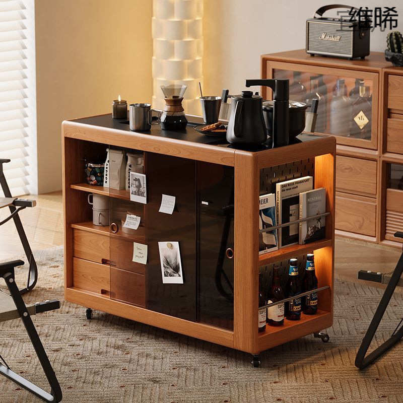 QP8实木茶水柜日式小推车樱桃木复古沙发边柜可移动岩板茶台