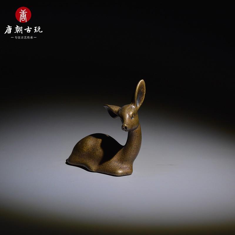 正品中式古铜茶文小玩书房摆件铜鹿古纯铜宠迷你小铜复器摆件小玩