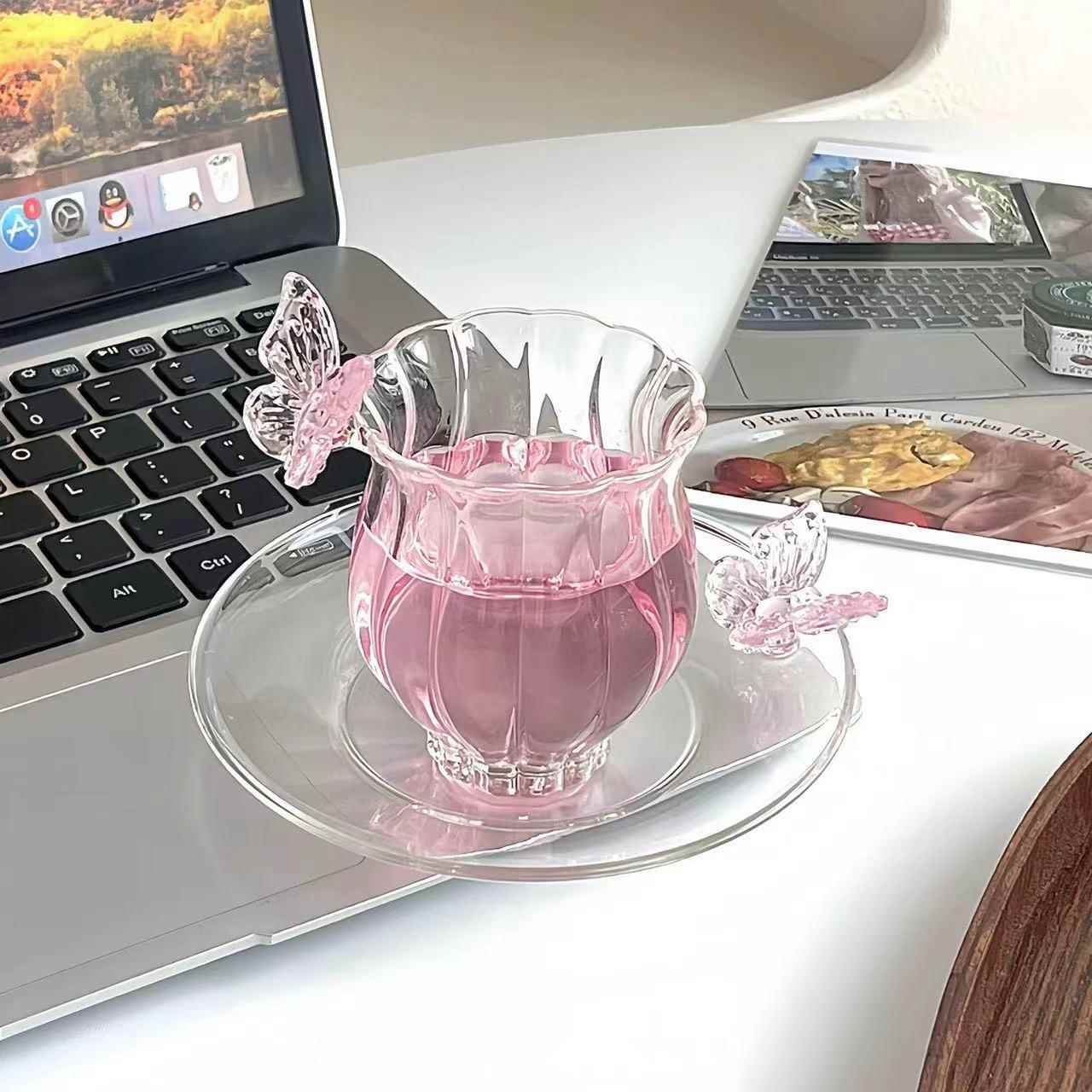 网红同款粉水晶蝴蝶水仙杯加杯碟两件套女士高端下午茶茶具咖啡杯