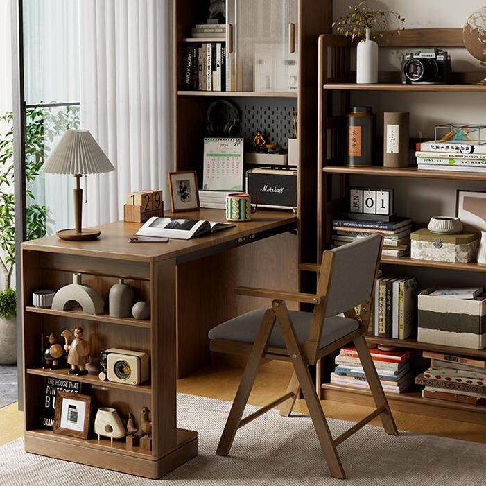 实木折叠书桌书柜一体儿童学习桌小户型办公桌电脑桌可伸缩可调节