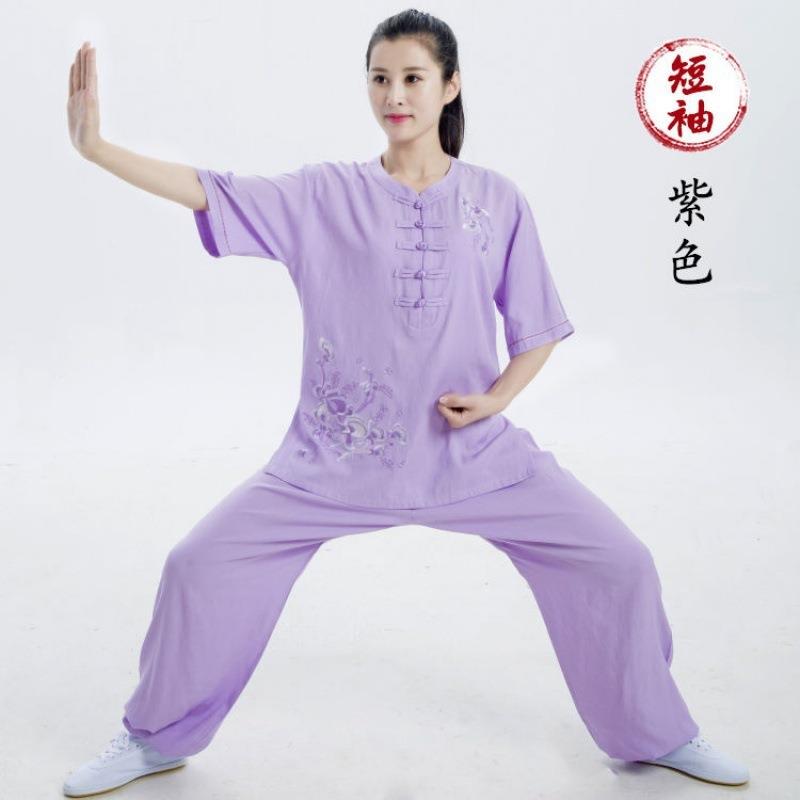 夏季薄款太极拳服装绣花太极服女短袖棉麻国风武术练功服新款套装