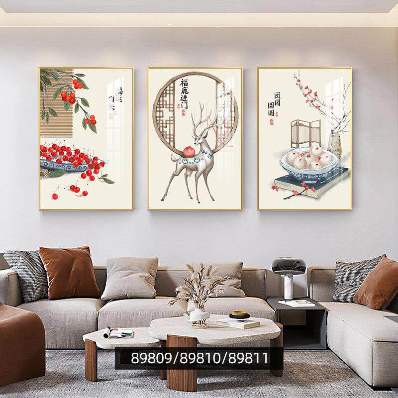 鸿运当头客厅装饰画沙发背景墙挂画新中式壁画现代简约墙画三联画