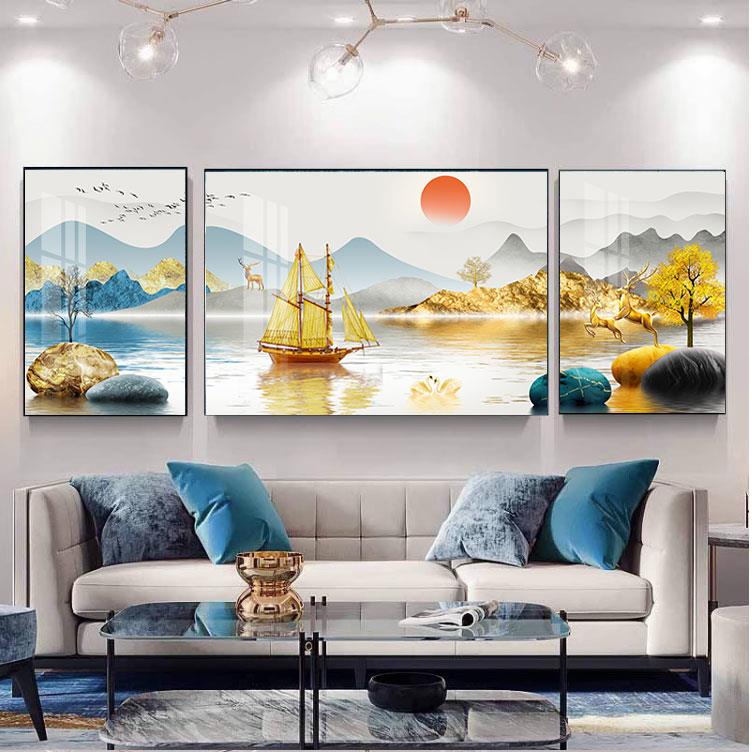 网红客厅画装饰的沙发背画景墙壁画现三代简约抽象晶瓷钻大气联画