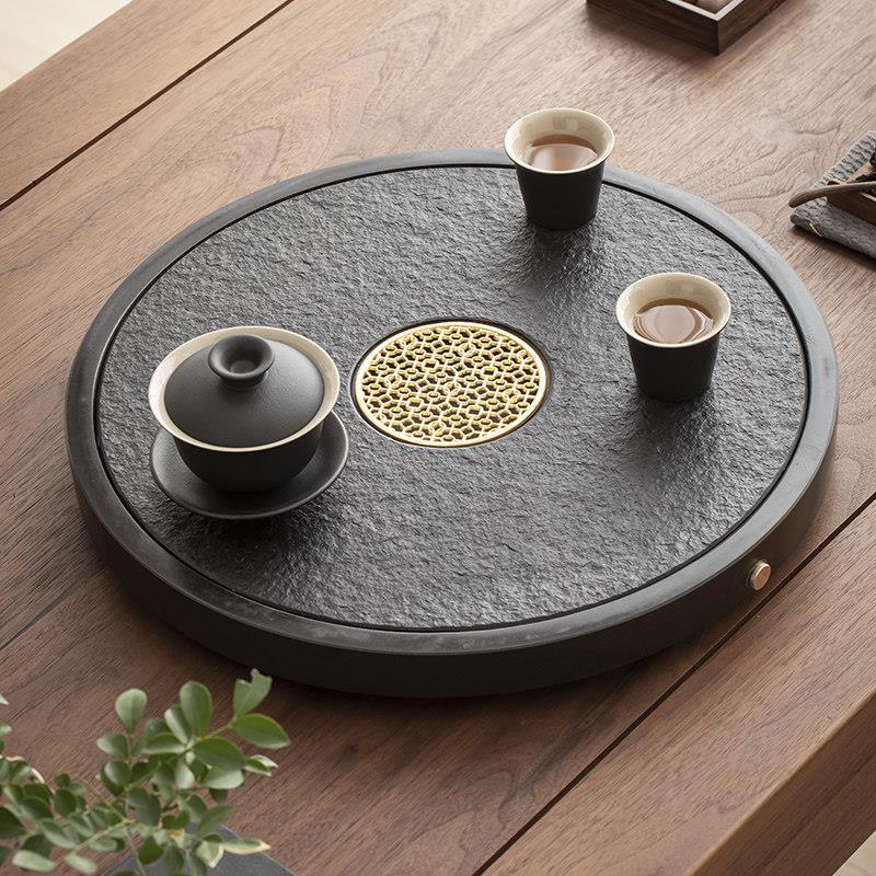 圆形天然乌金石茶盘茶海储排两用轻奢沥水简约小型干泡台家用托