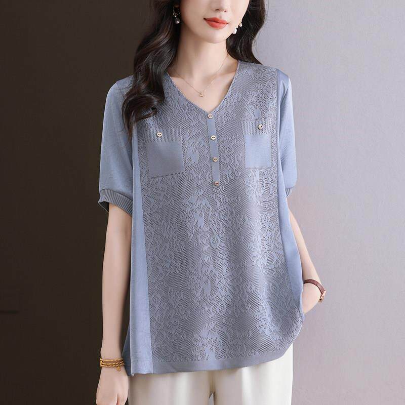 中年妈妈夏季新款桑蚕丝短袖t恤女宽松加大码显瘦冰丝针织V领上衣