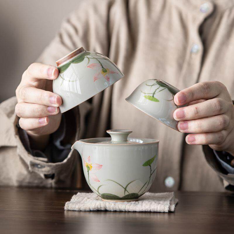 草木灰手绘荷花一壶二杯快客杯中式陶瓷便捷旅行茶具女士专用
