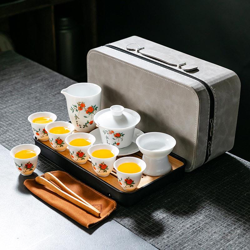 整套羊脂玉白瓷茶具套装功夫茶具盖碗茶杯便携式旅行茶具商务礼品