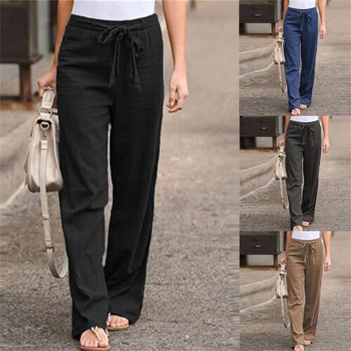 Women's elastic waisted cotton linen wide leg pants long