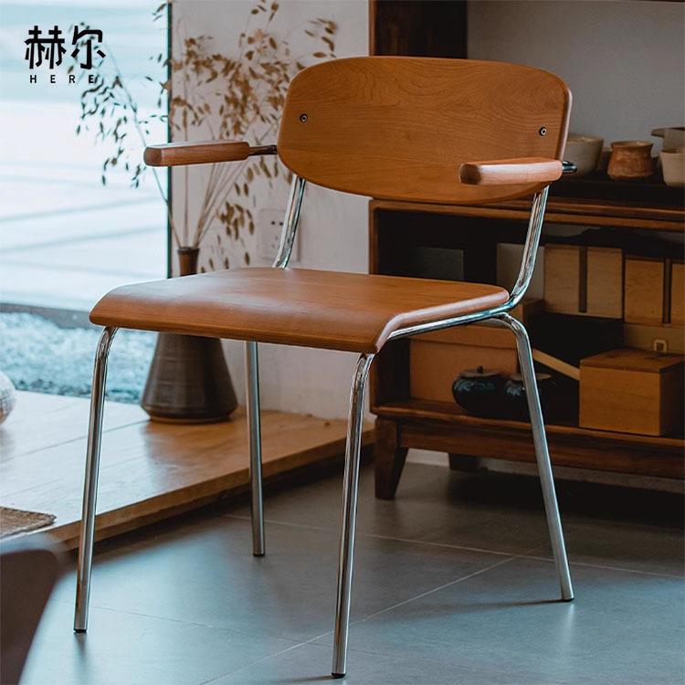 木邻挂耳餐椅家用能挂桌子的樱桃木靠背椅网红实木扶手不锈钢椅子