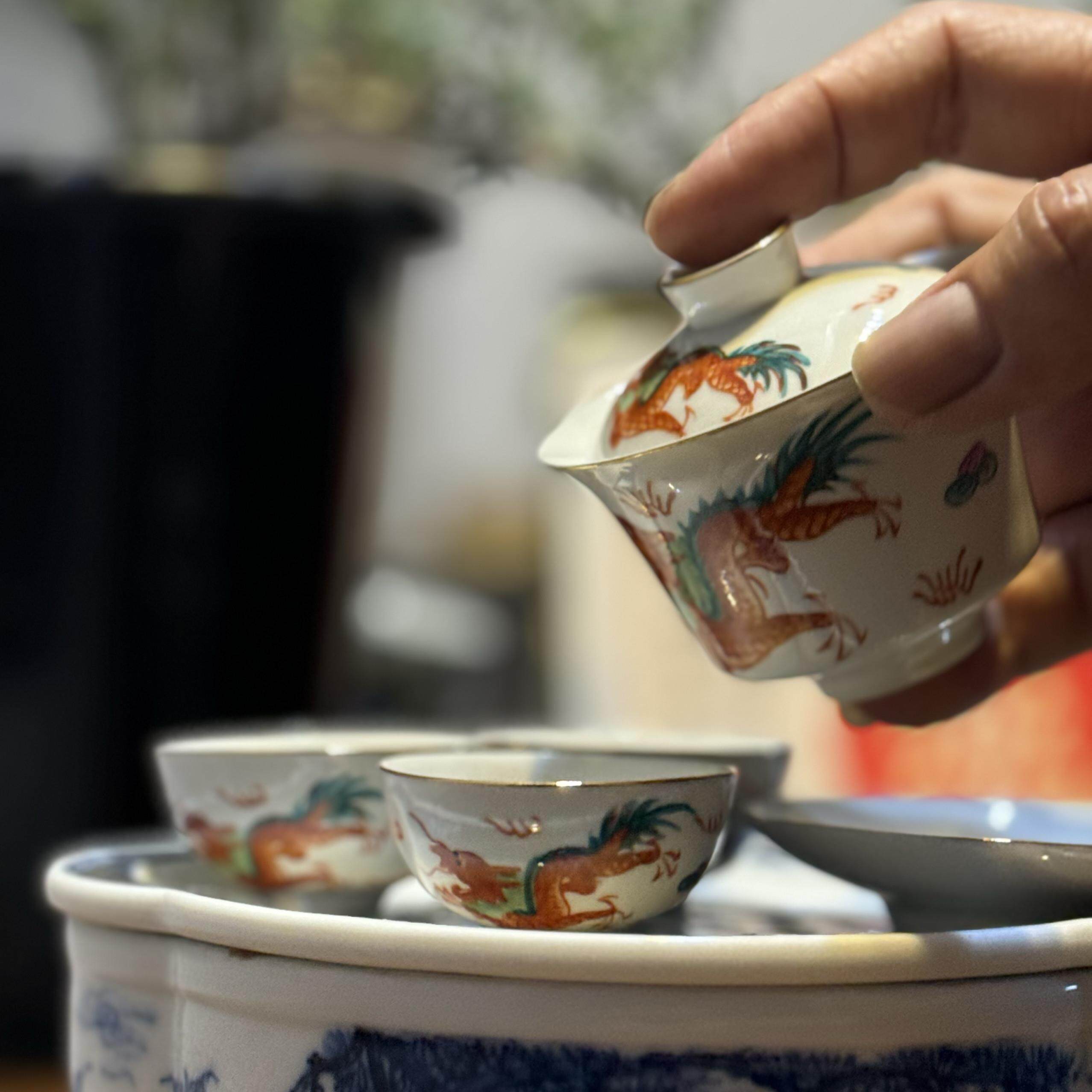 香港尧阳茶行原装红金龙潮汕功夫茶具纯手绘枫溪釉瓷盖碗杯子套装
