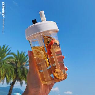 新款直销网红双饮杯创意双吸管便携防漏塑料杯防摔夏季果汁牛奶情