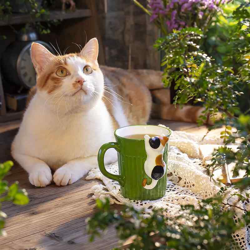 日系可爱三花猫咪咖啡杯陶瓷绿色小猫马克杯猫猫造型设计感高颜值