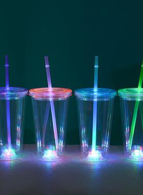 双层塑料吸管杯LED带灯透明发光水杯创意ps礼品杯16oz炫彩闪杯