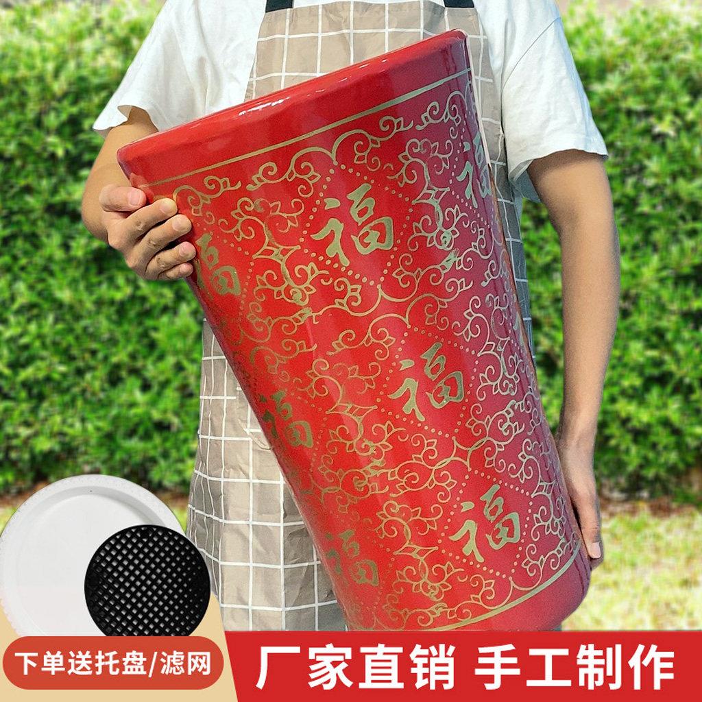 中国红陶瓷花盆福字高筒金花吉祥如意花盆陶瓷落地陶瓷大花盆微瑕