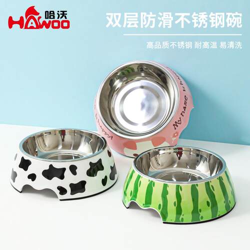 Z不锈钢美耐皿卡通印花宠物双碗 二合一宠物碗狗碗食盆现货
