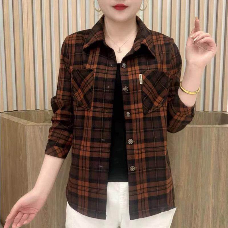 翻领格子衬衫女春秋新款欧货洋气妈妈装减龄衬衣外套休闲长袖上衣