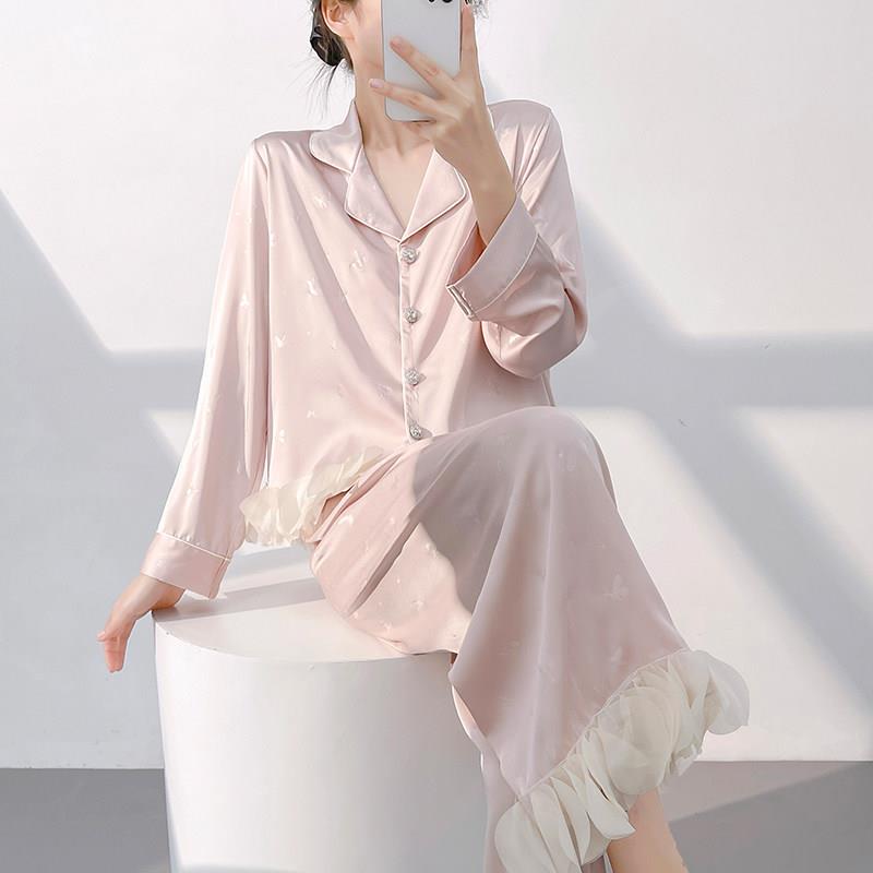 2026春秋新款法式甜美公主风睡衣女长袖长裤冰雪丝家居服女可外穿