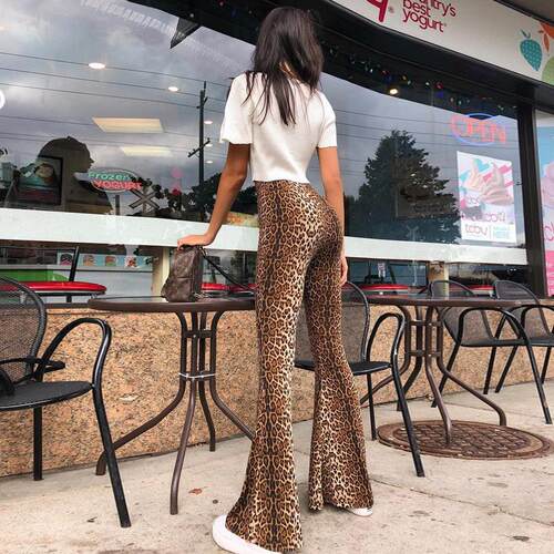 Women's Leopard Print High Waist Flare Leg Knitted Medium