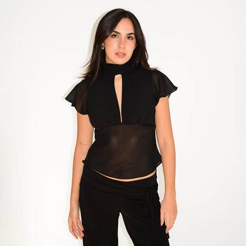 Women Summer T - Shirt Casual Sheer V - Neck Flutter Sleeves