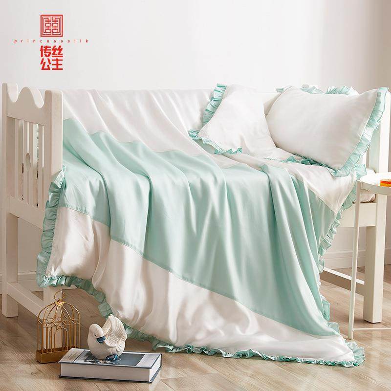 严选蚕丝被儿童真丝被套拼色清新幼儿园枕套桑蚕丝被罩两件套