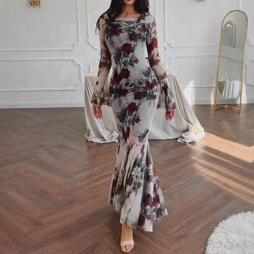 Elegant Women's Floral Print Bodycon Dress Sweet