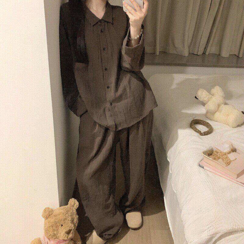 简约纯色长袖双层棉纱睡衣女秋季2025新款婴儿棉家居服套装春秋款