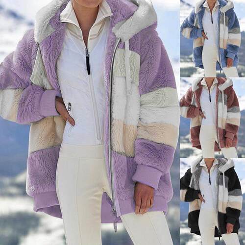 Warm plush patchwork zipper pocket hooded jacket for