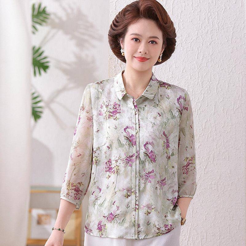 国风中老年衬衫女纱袖夏装桑蚕丝100%套装大码妈妈真丝开衫上衣薄