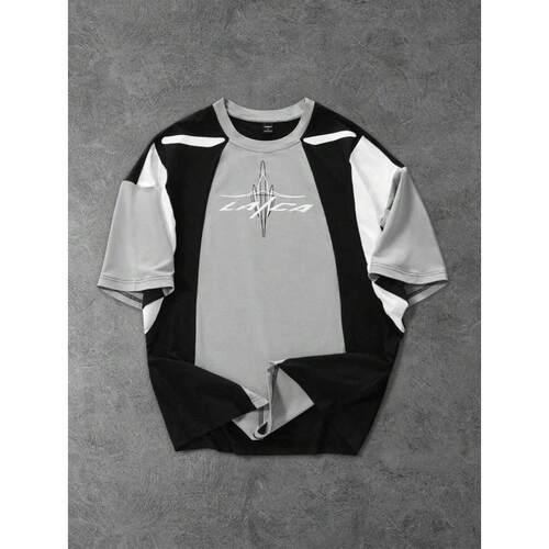 V 58235 Color block letter couple loose short sleeve 撞色字