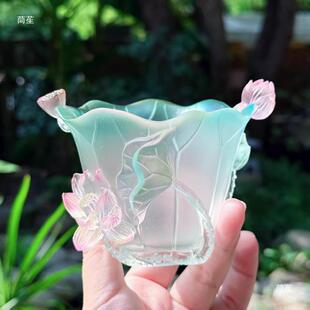 杭州灵隐文创荷气生才杯荷花小水方琉璃多彩荷花杯桌面创意摆件