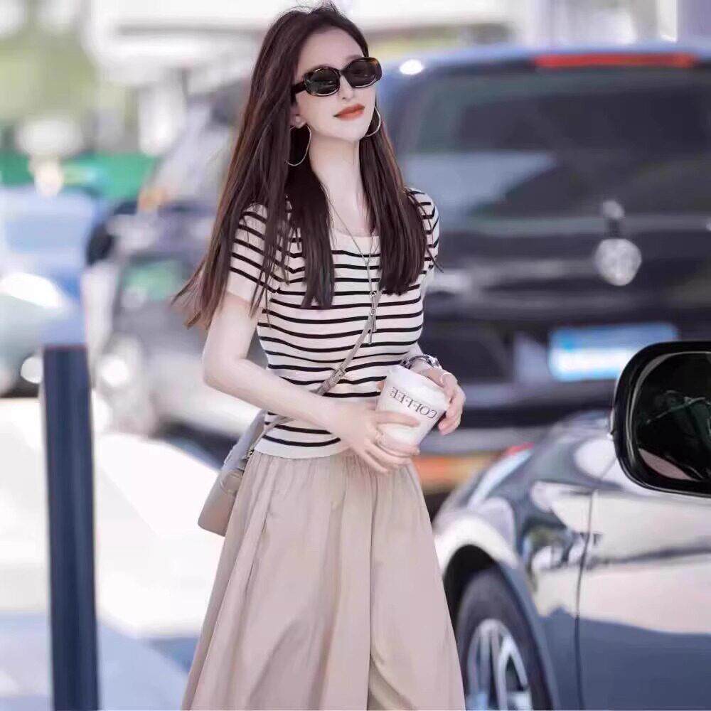 欧洲站2025夏装新款时尚条纹T恤阔腿裤子成套搭配减龄英伦风套装