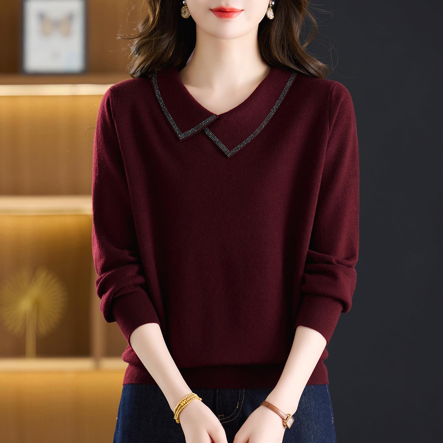 年轻妈妈春秋毛衣女宽松大码洋气减龄羊毛上衣翻领长袖打底针织衫