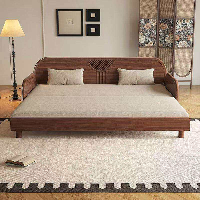 北欧实木折叠沙发床客厅黑胡桃木坐卧两用沙发小户型布艺沙发