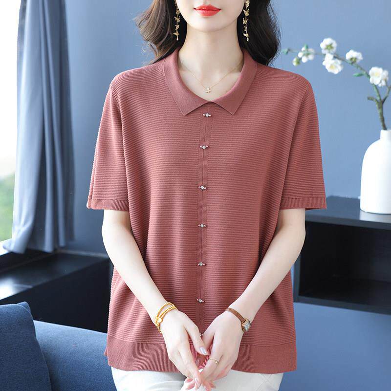 中年妈妈桑蚕丝短袖t恤女夏季翻领洋气上衣宽松加大码冰丝打底衫
