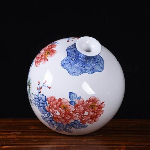景德镇陶瓷花瓶手绘五彩牡丹大号石榴瓶中式家居饰品摆件名家收藏