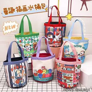 户外餐包可爱插画水桶型手提帆布包韩风少女心便当袋上班小拎包
