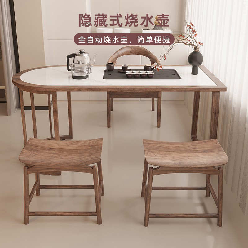新中式实木阳台茶桌椅组合小户型岩板茶台办公室靠墙泡茶桌嵌入式