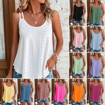 Women's Eyelet Embroidery Tank Top | Spaghetti Strap | Long