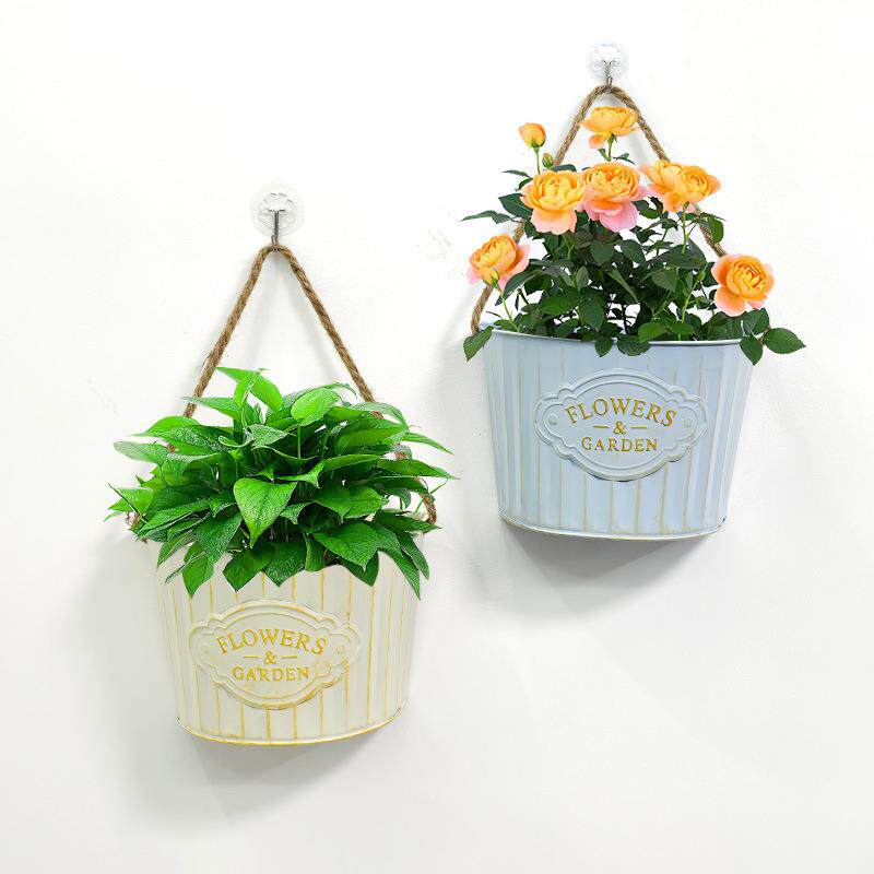 跨境复古铁皮花盆容器半圆吊篮花篮墙面装饰花园庭院阳台悬挂花盆