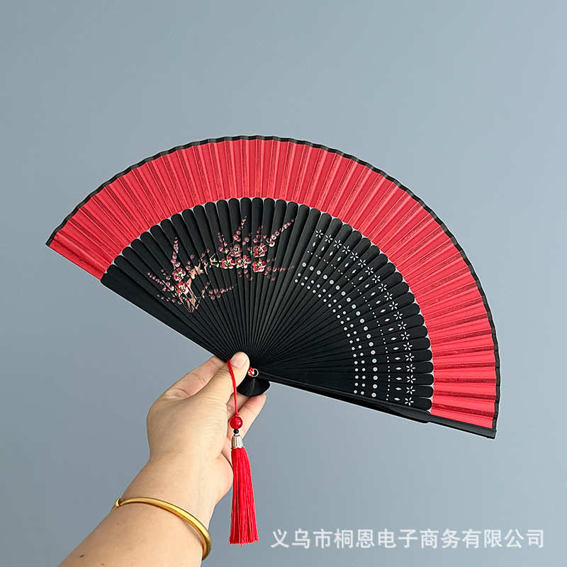 扇子折扇中国风红色易开合舞蹈扇古风汉服旗袍走秀跳舞小折叠扇子