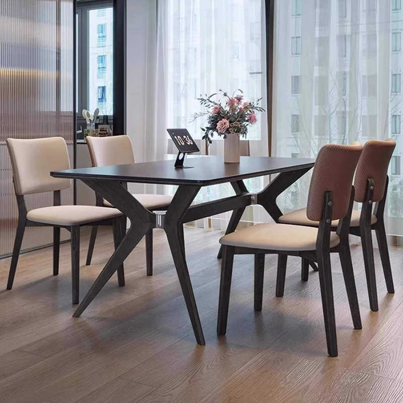 中古风岩板餐桌椅组合家用小户型西餐桌轻奢高级感客厅长方形饭桌